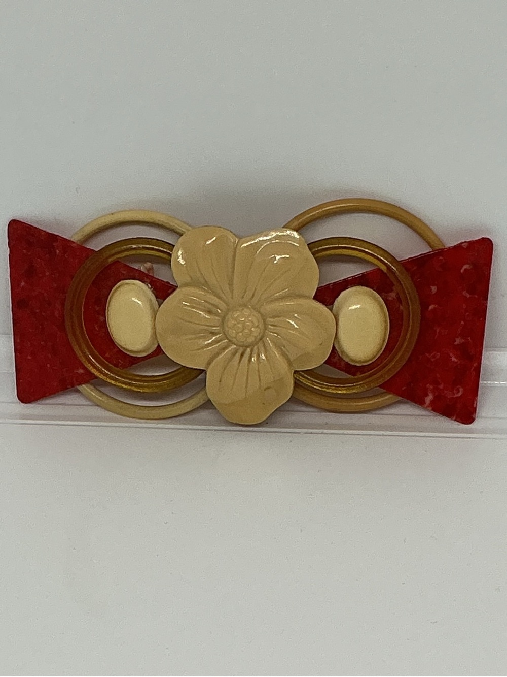 Vintage Art Deco Celluloid Bow Brooch Carved Flower Red Cream Gold Rings 3”